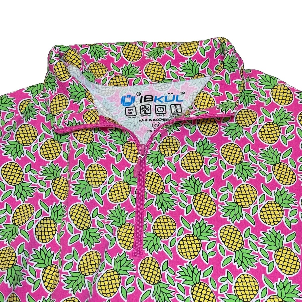 IBKUL Sz XS Pink Pineapple Mesh Panel Top Golf Shirt 1/4 Zip Polo Knit Tennis